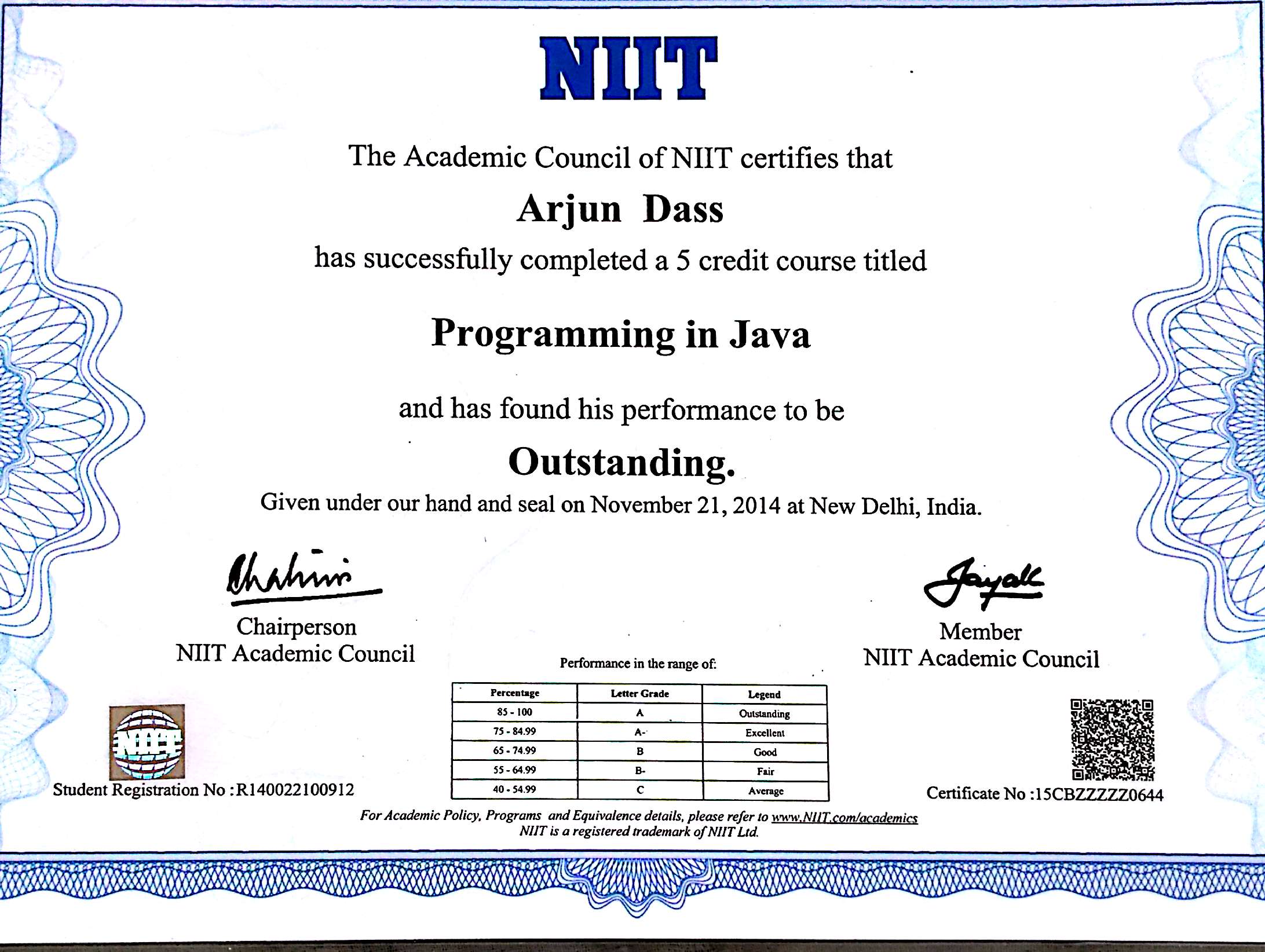 NIIT Certificate of Excellencem